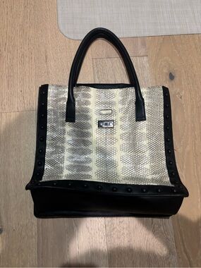 NWOT Loeffler Randall Black and Cream Snake-Print Tote Bag with Stud Trim